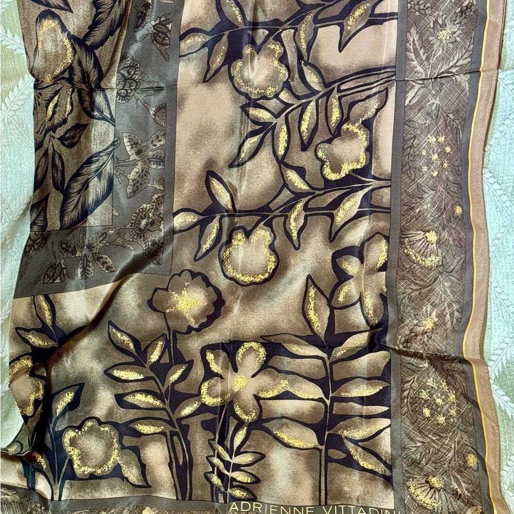 Vintage Adrianne Vittadini Silk Scarf in Bronze, Gold, Brown, and Taupe.